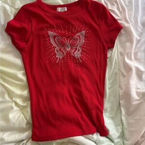 Red Butterfly Embellished T-Shirt